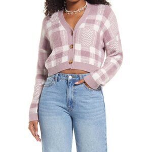 NWT BP Nordstroms Emma Plaid Short Cropped Cardigan Purple/Mauve Sweater